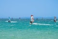 Kitesurfing on Valdevaqueros beach, Gibraltar Strait in Tarifa, Spain