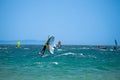 Kitesurfing on Valdevaqueros beach, Gibraltar Strait in Tarifa, Spain