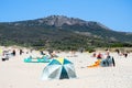 Kitesurfing on Valdevaqueros beach, Gibraltar Strait in Tarifa, Spain