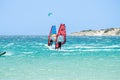 Kitesurfing on Valdevaqueros beach, Gibraltar Strait in Tarifa, Spain