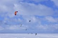 Kitesurfing in winter on ice. The Vistula Lagoon in Poland, a beautiful landscape Royalty Free Stock Photo