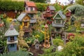 kitschy garden with birdhouses and feeders of all shapes and colors