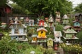 kitschy garden with birdhouses and feeders of all shapes and colors