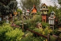 kitschy garden with birdhouses and feeders of all shapes and colors