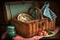 kitschy picnic basket with old-fashioned wicker and checkered blanket