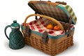 kitschy picnic basket with old-fashioned wicker and checkered blanket