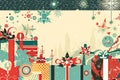 kitschy, retro-style christmas border with decorations, presents and snowflakes