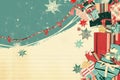 kitschy, retro-style christmas border with decorations, presents and snowflakes