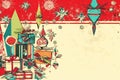 kitschy, retro-style christmas border with decorations, presents and snowflakes