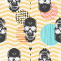 Kitschy seamless pattern with sugar skulls, multicolored circles of different textures, orange and white zigzag lines on Royalty Free Stock Photo