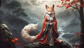 Kitsune with long fox tail standing in front of gloomy mountains fantasy art asian folklore