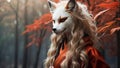 Kitsune with long hair standing in front of gloomy forest asian folklore