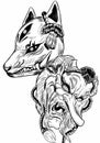 kitsune and tengu masks. Japanese mythological creatures. dark fantasy art. line art. tattoo design.