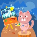 Kitten artist draws landscape. Character in cartoon style on summer background. Vector full color illustration.