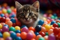 A kitten on the background of a pile of bright plastic balls. Generative ai.