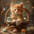 - a kitten in a basket with colored eggs, genitive ai. Royalty Free Stock Photo