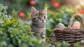 A kitten beside a basket with eggs. Easter theme within the surroundings of a springtime garden