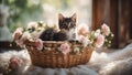 kitten in basket An enchanting kitten adorned with a floral chaplet, lying comfortably in a cozy basket,