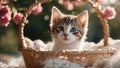 kitten in basket An enchanting kitten adorned with a floral chaplet, lying comfortably in a cozy basket,