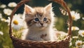 kitten in basket A precious kitten with a delicate chaplet of daisies, nestled in a handwoven basket,