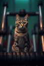Kitten in bodybuilder style in the gym. Fellow training cat with a look of determination.