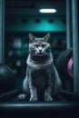 Kitten in bodybuilder style in the gym. Fellow training cat with a look of determination. Royalty Free Stock Photo