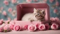 kitten in a box An amusing scene where a sleepy kitten is the inside a surprise box of pink roses,