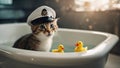kitten with a captain s hat, steering a boot boat through a bathtub sea, complete with rubber duck ducks duckies