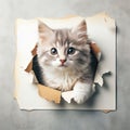 Kitten cat crawl through hole in wall. Adorable feline kitty pet with ragged