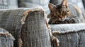 Kitten cat scratching grey fabric sofa at home.Generative AI