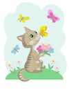 Kitten with chamomiles and butterflies on blue background. Vector cartoon illustration Royalty Free Stock Photo