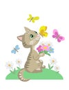 Kitten with chamomiles and butterflies. Vector cartoon illustration isolated on white Royalty Free Stock Photo