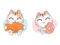 Kitten character eating bungeoppang and donut