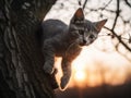 A kitten climbing up a tree with the sun setting in the background. Generative AI image. Royalty Free Stock Photo