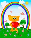 Kitten congratulates mom with a heart in her hands on the feast of St. Valentine on a forest summer meadow with butterflies and a