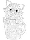 Kitten in a cup coloring raster for adults Royalty Free Stock Photo