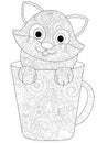 Kitten in a cup coloring vector for adults Royalty Free Stock Photo