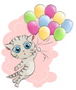 Kitten flying colored balloons