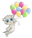 Kitten flying colored balloons on a white background