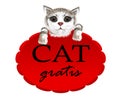 Kitten hanging on a red banner with slogan cat for free