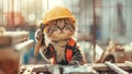 Kitten in a hard hat and safety vest holding a hammer at a construction site Royalty Free Stock Photo