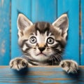 Little tabby cat curiously peeking out from behind blue background., Generative AI