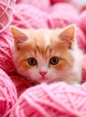 Kitten hides in pink yarn. Cute little red kitten on a pink background. close-up