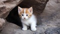 A kitten hides under the rocks