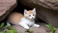 A kitten hides under the rocks