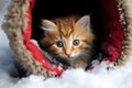 kitten hiding inside a cozy fur-lined winter boot