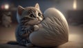 a kitten is holding a large object in it\'s paws.