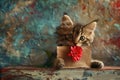 A kitten holds a heart card and flowers against a wooden background, creating a cute and endearing scene