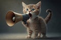 Kitten holds loudspeaker and shouts an announcement. Generative AI