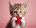 Kitten Holds Red Heart In Paws, Adorable Feline Captured With Symbol of Love